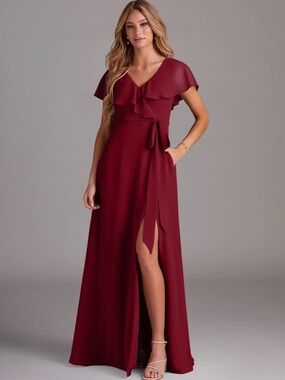 Azazie Burgundy Ruffle Wrap Maxi Dress with Side Slit